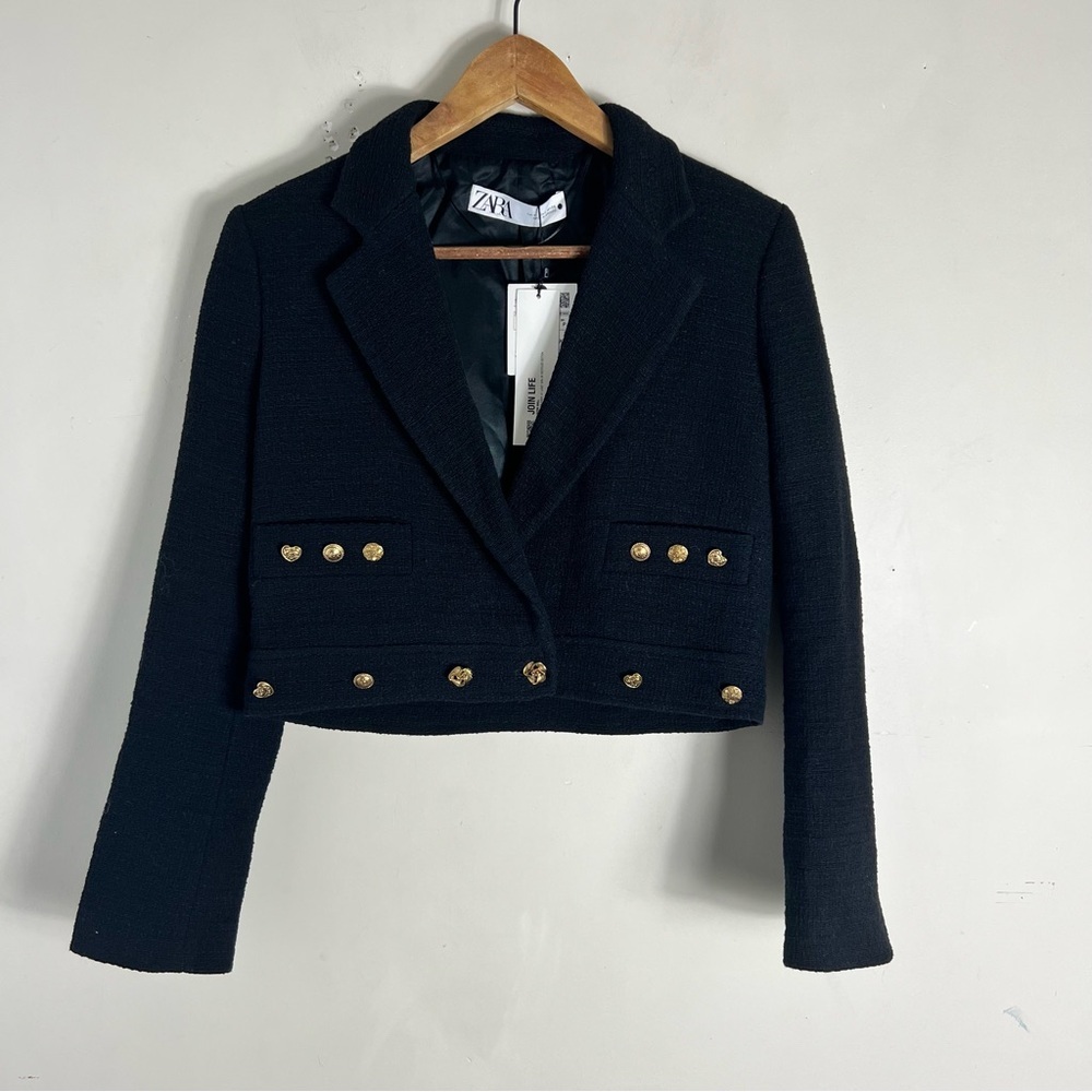 ZARA NEW Women’s CROPPED BUTTONED Textured Tweed BLAZER JACKET BLACK Size Small - Picture 9 of 16